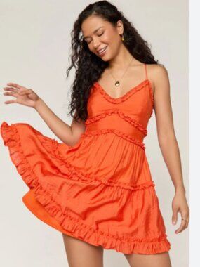 Francesca's Mindy Ruffled Spaghetti Strap Mini Dress in Bright Coral NEW